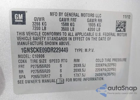 2013 Chevrolet Suburban 1500 Ltz z USA, uszkodzony, nr VIN 1GNSCKE09DR229449